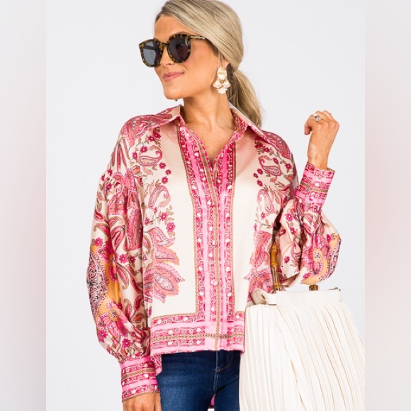 fab'rik Tops - Fab’rik Pink Paisley Button Down Blouse Womens Size L